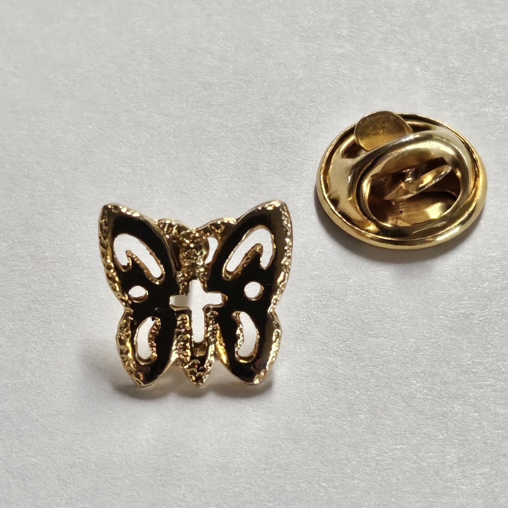 Butterfly Gold Tone Lapel Pin With Religious Cross In Center   .5" X .5" Hat Pin